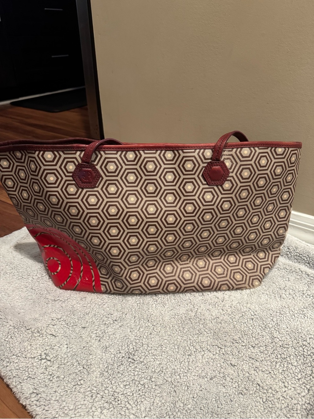 Jonathan Adler Geometric Tote with Red Floral Motif and Burgundy Trim - Picture 2 of 12